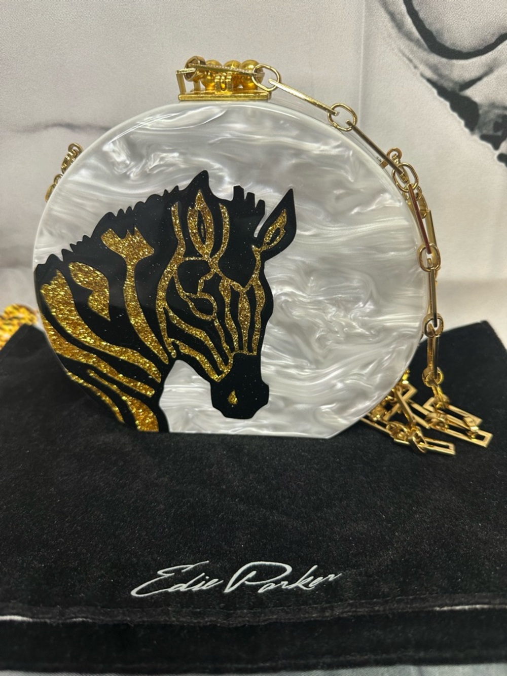 Edie Parker Pearl Swirl Round Clutch with Black & Gold Zebra Motif